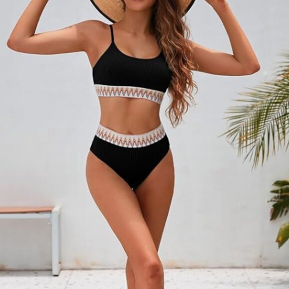 Herseas Women's High Waisted Bikini Set Black Color Block Bathing Suit Chevron - Picture 5 of 6